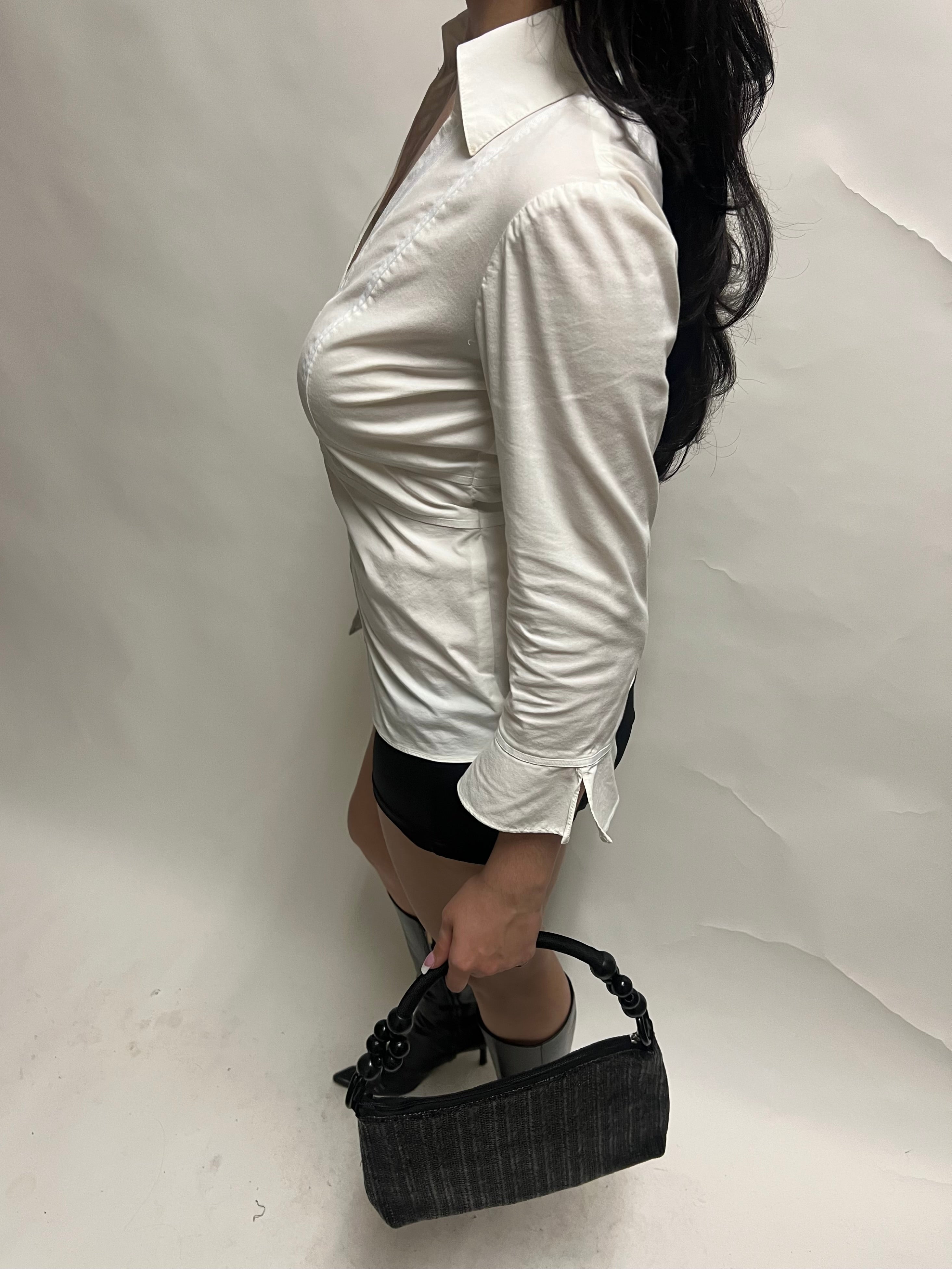 Black beaded handle woven bag